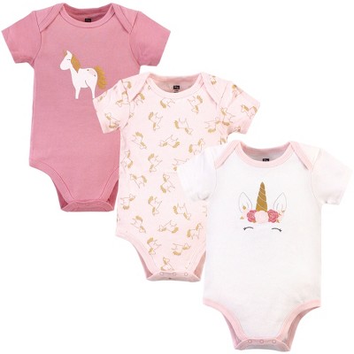 Hudson Baby Infant Girl Cotton Bodysuits 3pk, Gold Pink Unicorn