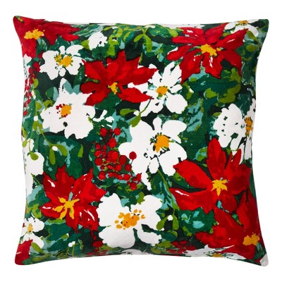 tagltd 20"x20" Christmas Red Poinsettia Cotton Accent Decorative Throw Pillow Poly Filled Removable Insert Square Machine Washable