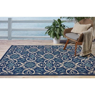 Navy Floral Synthetic Rectangular 4' x 6' Area Rug