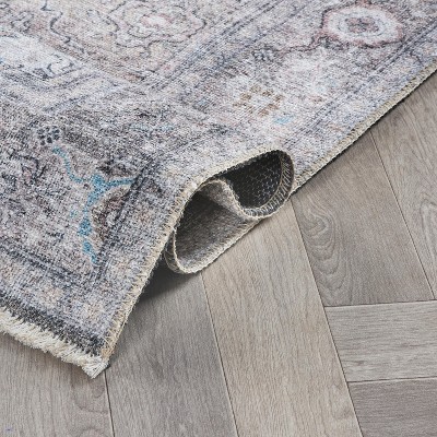Olive and Gray Distressed Vintage Machine Washable Area Rug 2'6" x 7'