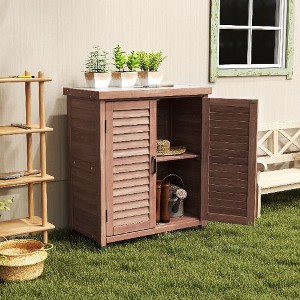 PAGED Outdoor Potting Bench with Storage Cabinet & Metal Table Top, Hemlock Wood Outdoor Storage Cabinet with Screen Door, Garden Potting Table - 1 of 4