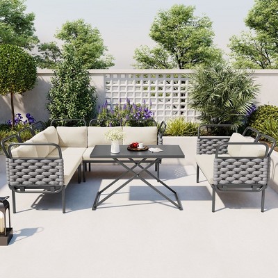 Outdoor Woven Rope Furniture Set, 5-Piece Modern Patio Sectional Sofa Set With Glass Table And Cushions For Balcony, Backyard