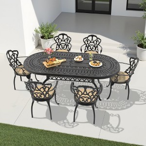 (7-PC)Premium Black Cast Aluminum Patio Set - Weather-Resistant Outdoor Table & Chairs with Beige Cushions, Umbrella Hole Included - 1 of 4