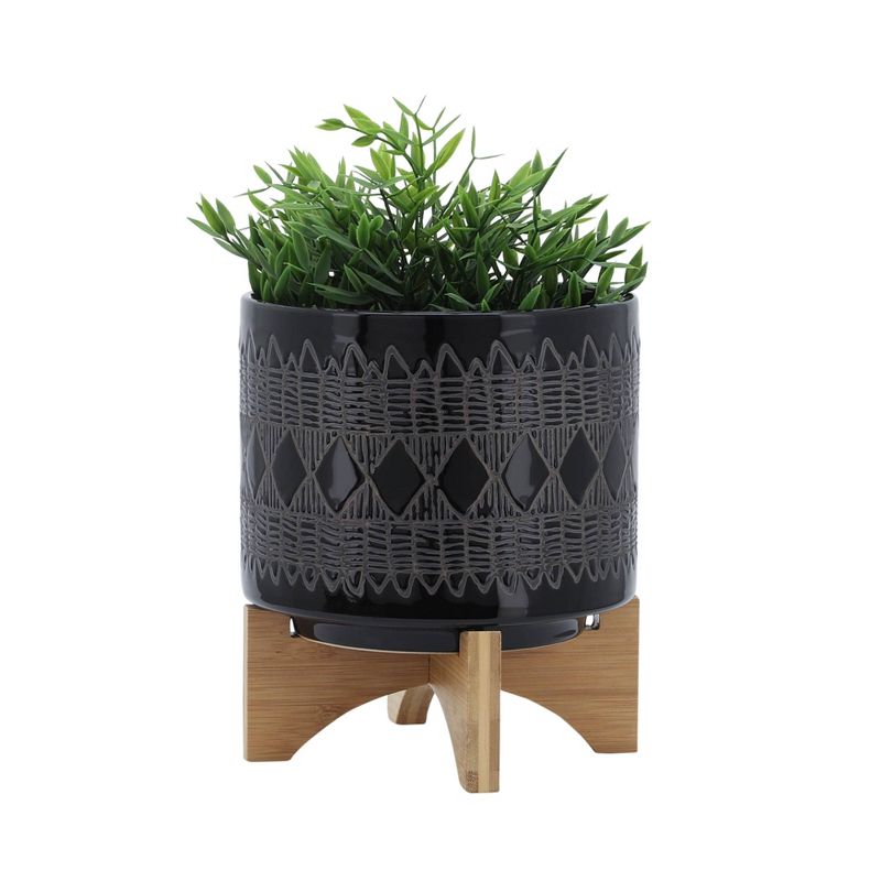 Sagebrook Home with Wooden Stand Aztec Ceramic Indoor Outdoor Planter Pot Black, 4 of 9