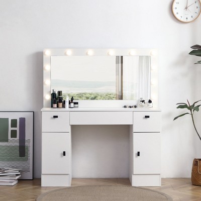 Okak Vanity Table with Mirror,  Vanity Desk with Drawers and Storage Cabinet, 3 Color Modes Adjustable for Bedroom