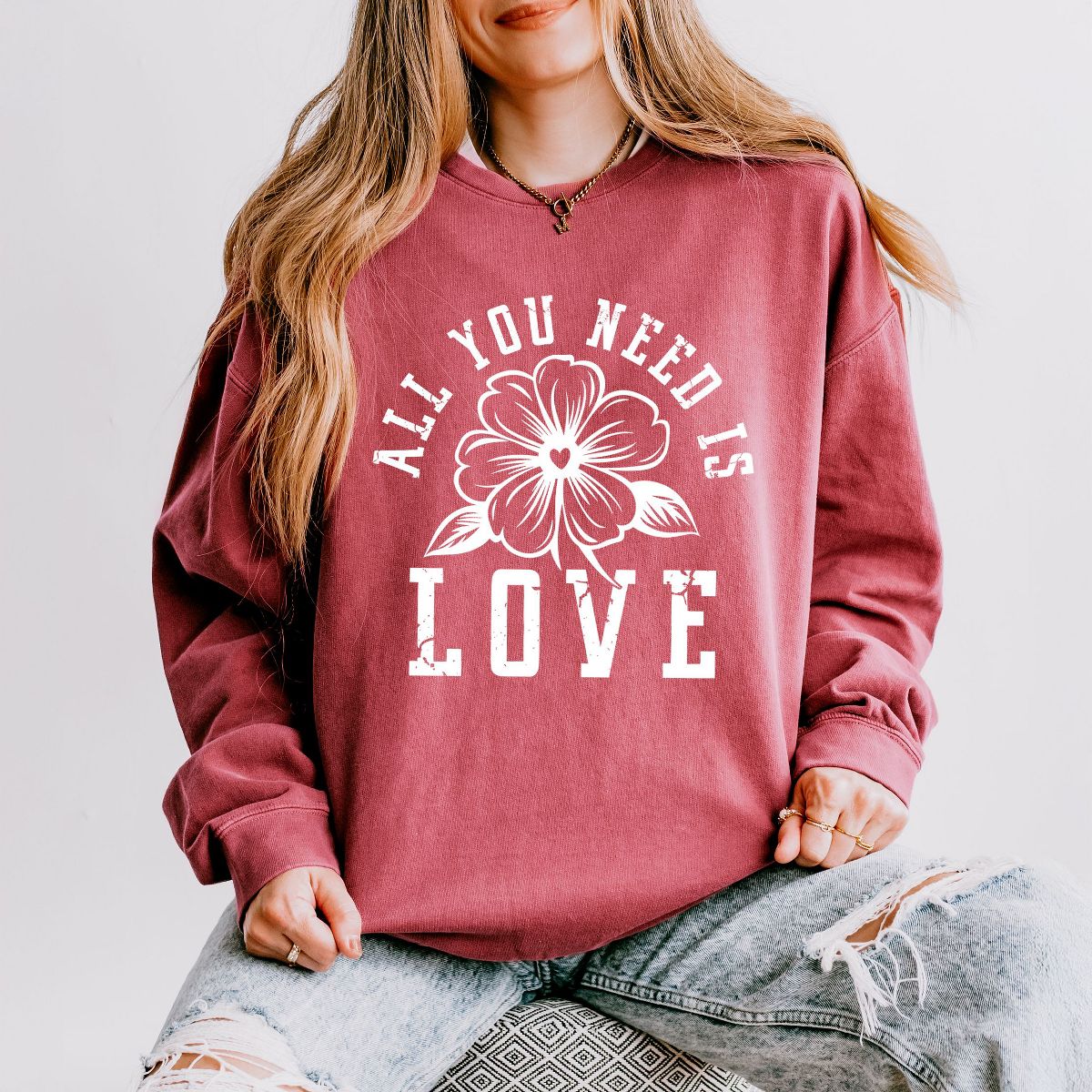 Simply Sage Market Women's Lightweight Garment Dyed Graphic Sweatshirt All You Need Is Love Flower - XL - Crimson