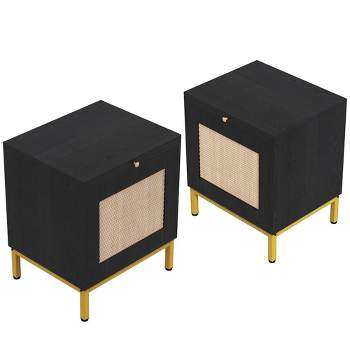 Set of 2 Rattan Night Stands, Modern Farmhouse End Tables with Tray, Storage Shelf for Entryway, Bedroom, Living Room