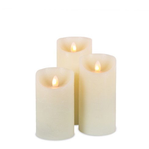Everlasting Glow Set of Three 3 Ivory LED Pillar Candles with Aurora® Flame  and Remote Control
