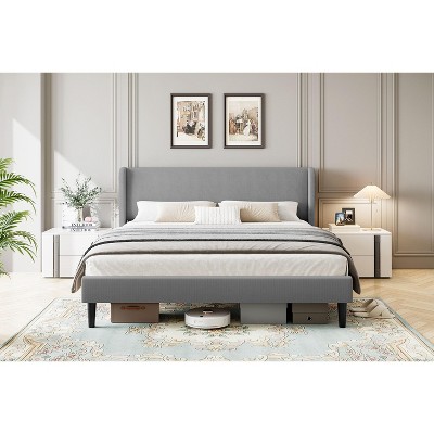 Queen Bed Frame with Headboard, Modern Upholstered Platform Bed in Linen Fabric, Mattress Foundation