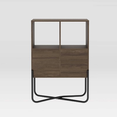 Modern Symmetrical 2-Tier Walnut Bookcase with Steel Cross-Legs