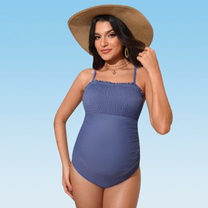 Women's Chic Navy Blue Smocked Maternity One Piece Swimsuit - Cupshe - 1 of 4