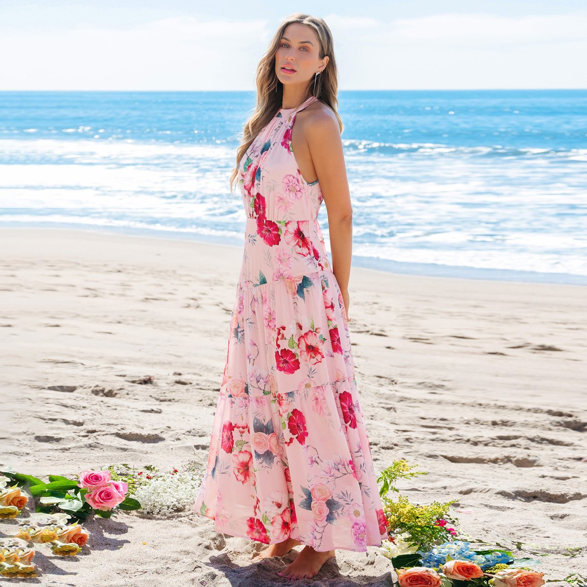 Женские платья Cupshe Women's Floral Halter Neck Tiered Ruffle Maxi Wedding Guest Dress-L-Pink — фото 2