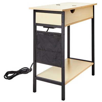 Natural Wood and Black Metal Side Table with Outlet