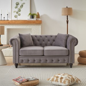 Button Tufted Velvet Chesterfield Sofa,63.5" Couch with Nailhead Arms,Wood Legs and 2 Pillows for Living Room or Apartment-Baofuwish - 1 of 4