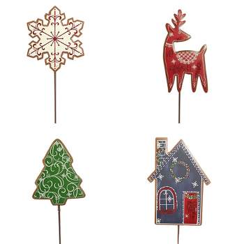 Christmas Christmas Cookiesd Stakes Set/4  -  Four Yard Decorations 28.25 Inches -  Reindeer Tree House Spritz  -  C22075  -  Metal  -  Multicolored