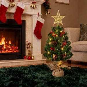 Mini Christmas Tree with Top Star & Lights,  Red Berries & Pine Cones, DIY Home Decor Gifts for Home, Office, Apartment, Red - 1 of 4