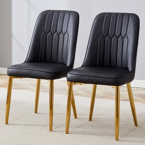 Modern Dining Chairs Set of 2, Equipped with PU Artificial Leather Backrest Cushions and Gold Metal Legs, for Restaurants - Black - 1 of 4