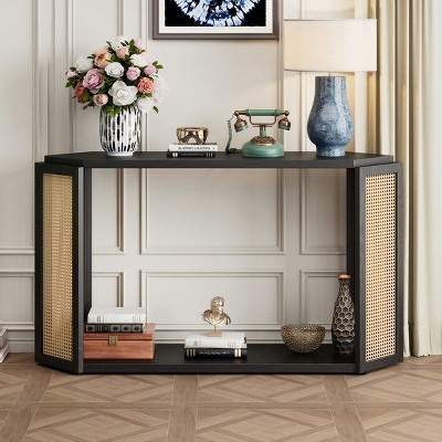 Narrow Console Table,Rattan Sofa Table with Irregular Top Design And Open Shelf For Living Room-Maison Boucle