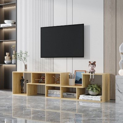 Double L-shaped Oak Tv Stand With Adjustable Display Shelf, Bookcase ...