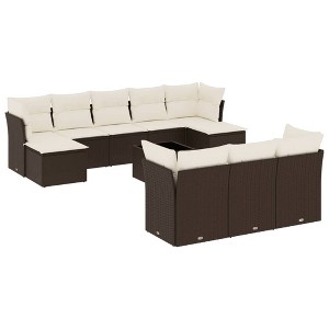 vidaXL Patio Sofa Set with Cushions Outdoor Furniture 10 Piece Poly Rattan - Brown and Cream With Table - 1 of 4