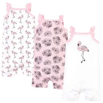 Hudson Baby Infant Girl Cotton Rompers 3pk, Painted Flamingo