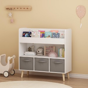 KTMBDW Kids Bookshelf with 3 Fabric Bins, Kids Bookcase with Storage for Toys and Books, Toddler Book Organizer Shelf for Playroom, Nursery, White - 1 of 4