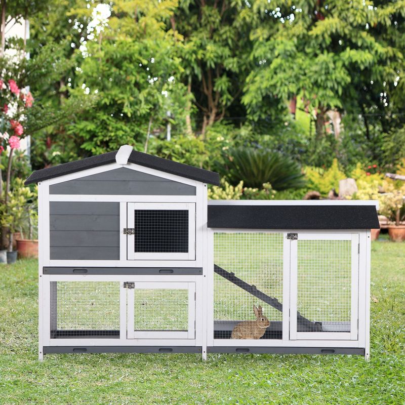 PawHut 2-Story Rabbit Hutch Wooden Bunny Hutch Cage Small Animal House with Ramp No Leak Tray Weatherproof Roof and Outdoor Run Indoor/Outdoor, 3 of 8