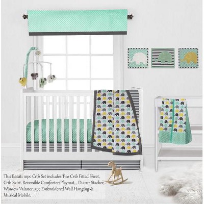 Bacati - Elephants Mint/Yellow/Gray 10 pc Crib Bedding Set with 2 Crib Fitted Sheets