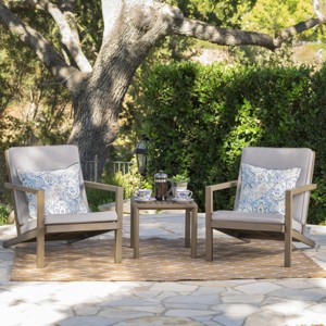 Outdoor Patio Chat Set, 3 Pcs Chat Set with 2 Arm Sofas and Square Table, Chat Set with Acacia Wood Frame and PE Cushion-Coolbibila - 1 of 4