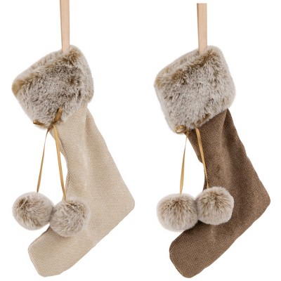 Beige and Brown Faux Fur Stocking Ornaments Set of 2