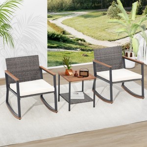 IULULU 3-Pc Outdoor Wicker Rocker Set with Table & Cushions - 1 of 4