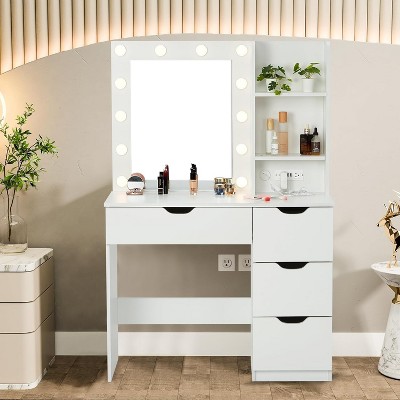Vanity Desk with Mirror, Charging Station & LED Lights - 4 Drawers, 2 Shelves - Makeup Dresser for Bedroom