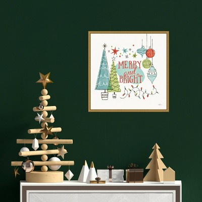 Merry and Bright Retro Christmas Canvas Print with Gold Frame