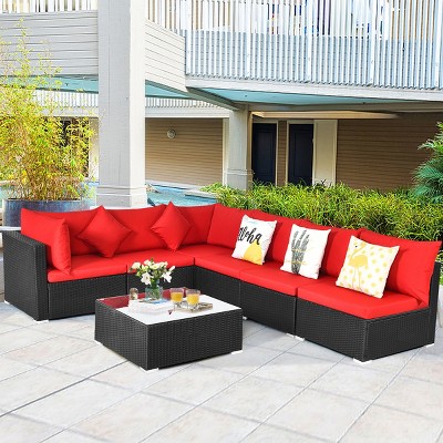 Costway 7PCS Rattan Patio Conversation Set Sectional Furniture Set w/ Red Cushion