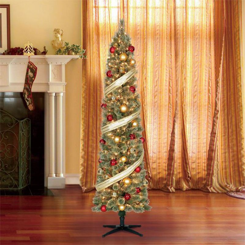 Home Heritage Pre-Lit Skinny Artificial Pine Christmas Tree with Lights and Foldable Stand, 2 of 7