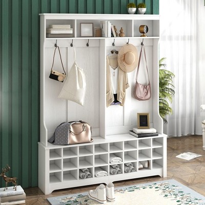 60" Wide Hall Tree Entryway Bench,Multiple Functions Hallway Coat Rack with Metal Hook & 24 Shoe Cubbies for Entrance Hallway