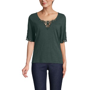 Lands' End Women's Elbow Sleeve Slub Lace Trim T-Shirt - 1 of 4