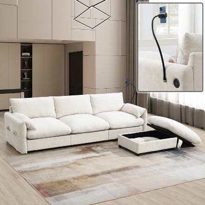 96.5"W Chenille Sectional Sofa with Storage Ottoman, Adjustable Phone Holder, USB Charger, L-Shaped Comfy Couch for Living Room - ModernLuxe