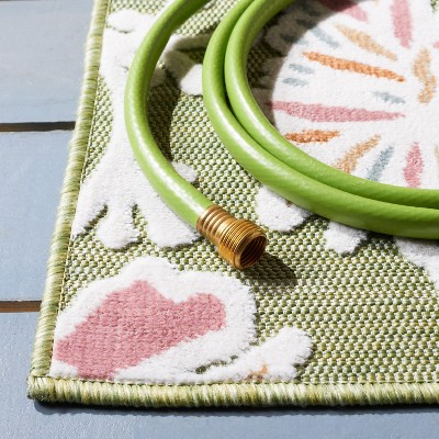 Green and Pink Floral Synthetic Indoor/Outdoor Area Rug