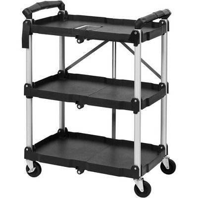 3 Tier Folding Rolling Utility Cart, Portable Kitchen Carts with Handles, 165 Lbs Capacity