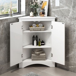 CAVINAS Modern Triangle Bathroom Corner Cabinet with 3 Adjustable Shelves,Freestanding Storage Cabinet with Anti-Tipping Device for Bathroom,White - 1 of 4