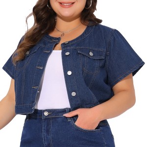Agnes Orinda Women's Plus Size Crew Neck Short Sleeve Button Down Denim Cropped Jean Jackets - 1 of 4