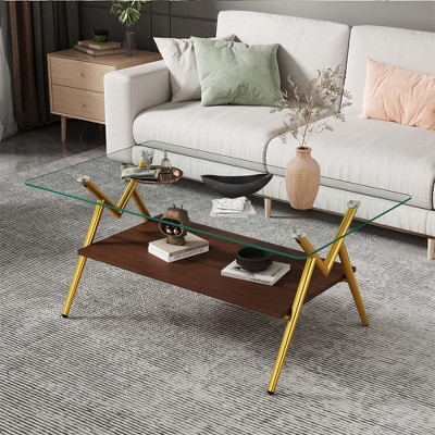 Tempered Glass Rectangular Coffee Table With Tempered Glass Top And Metal Legs, Modern Living Room Table