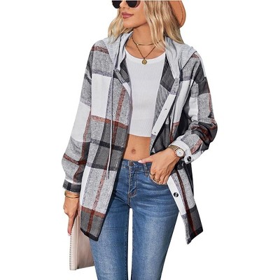 Coolmee Women's Lightweight Casual Jackets Plaid Long Sleeve Shacket Fleece Lined Hooded Jackets Button Down Warm Coats with Pockets XL Gray