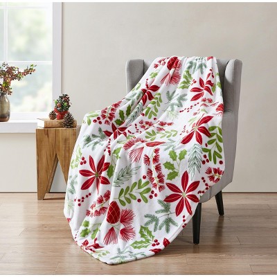 Kate Aurora Holiday Living Christmas Floral Poinsettia & Ferns Ultra Soft & Plush Throw Blanket