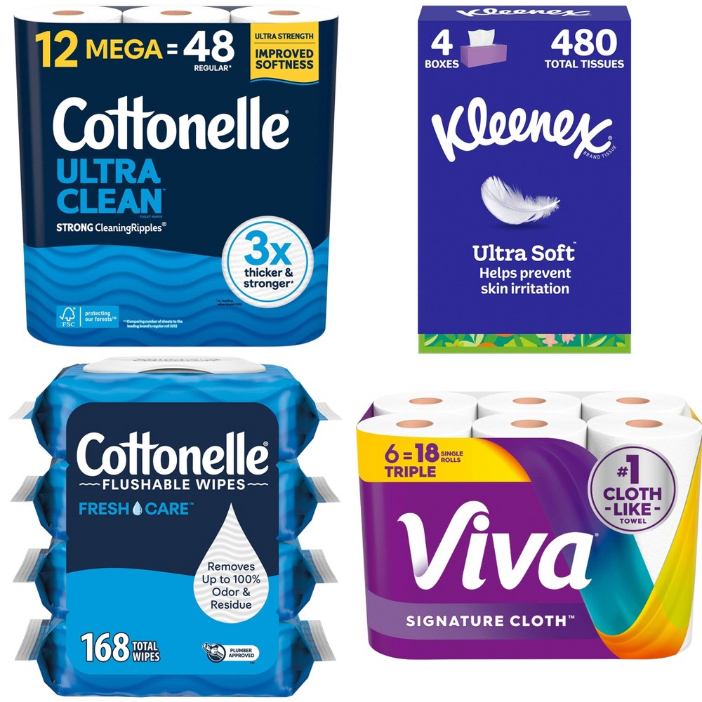 Cottonelle Clean Strong Toilet Paper 12 Mega Rolls + 4pk/42ct Flushable Wet Wipes + 4pk/480ct Kleenex Facial Tissue + Viva Paper Towels 6 Triple Rolls
