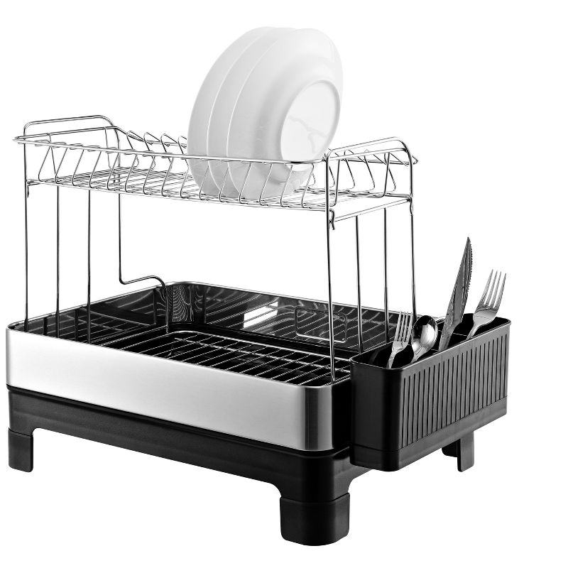 happimess Simple 20.75" Fingerprint-Proof Stainless Steel 2-Tier Dish Drying Rack with Swivel Spout Tray, Stainless Steel/Black, 4 of 12