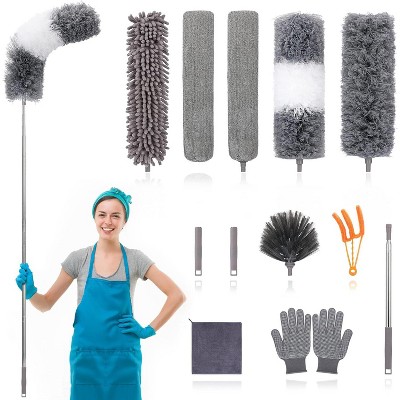 12pcs Microfiber Dusters, Duster with Extension Pole(Stainless Steel) 30 to 100'', Bendable Extendable Long Feather Duster