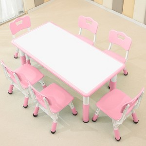 Aoibox Children Table and Chair Set for 2-12 Years Adjustable Height Paintable Waterproof Top 6 Seats Pink Ergonomic Safe - 1 of 4