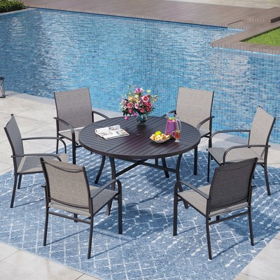 Captiva Designs 7pc Black Round Slatted Steel Table with Umbrella Hole & Textilene Chairs